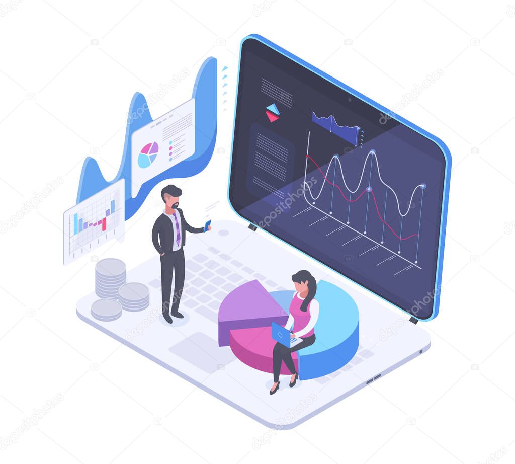 Isometric data dashboard, people digital analyse data on computer screen. Interactive charts solutions, dashboard workplace vector background illustration. Data analysing concept