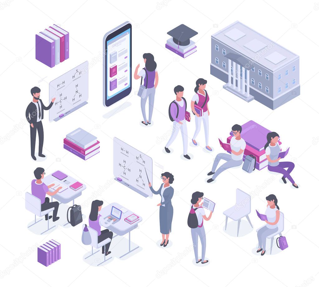 Isometric teacher, students characters, library and study room. College studying, education and communication vector symbols illustrations set. Teenage students and teachers