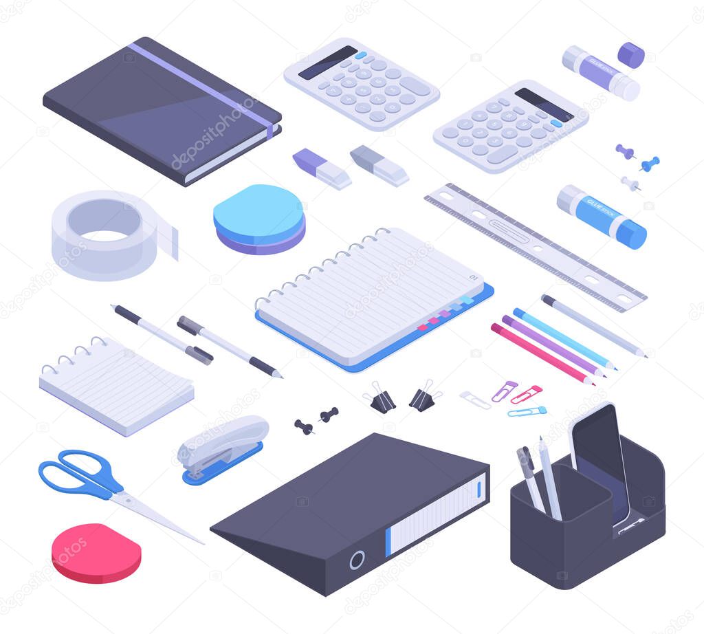 Isometric school desk stationery, 3d office tools, notebook, scissors and pencils. Stationery objects, pen, stapler and glue stick vector symbols illustrations set. School and office supplies