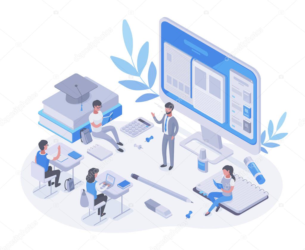 Isometric education course, online studying, university e-learning concept. Studying, process, science or math education lesson vector symbols illustration. Online education