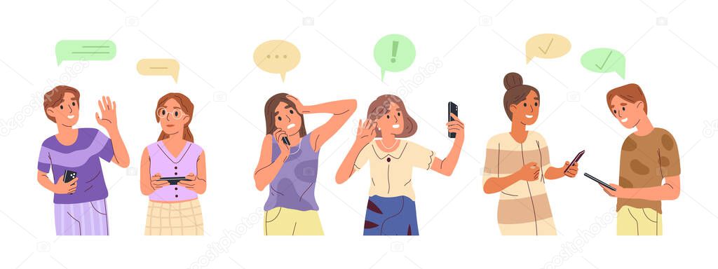 People with mobile phone, girl and boys talking using cellphone. Teen couples chatting with each other vector symbols illustrations set. Girls and boys using smartphones