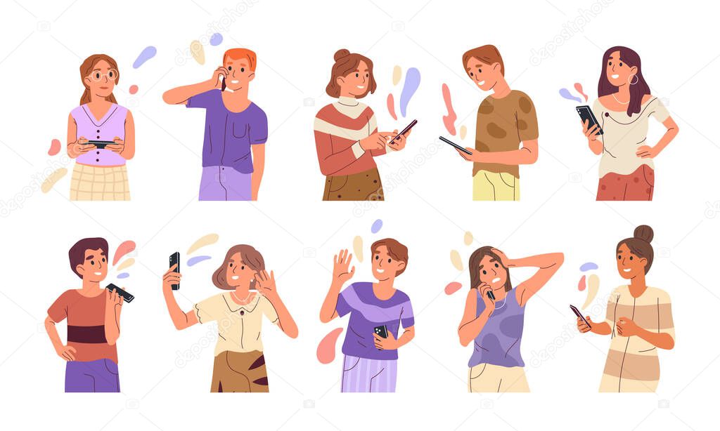 Mobile phone users, people with smartphone, characters social conversation. Teenagers using cellphones, chatting and making selfie vector symbols illustrations. Young people with gadgets