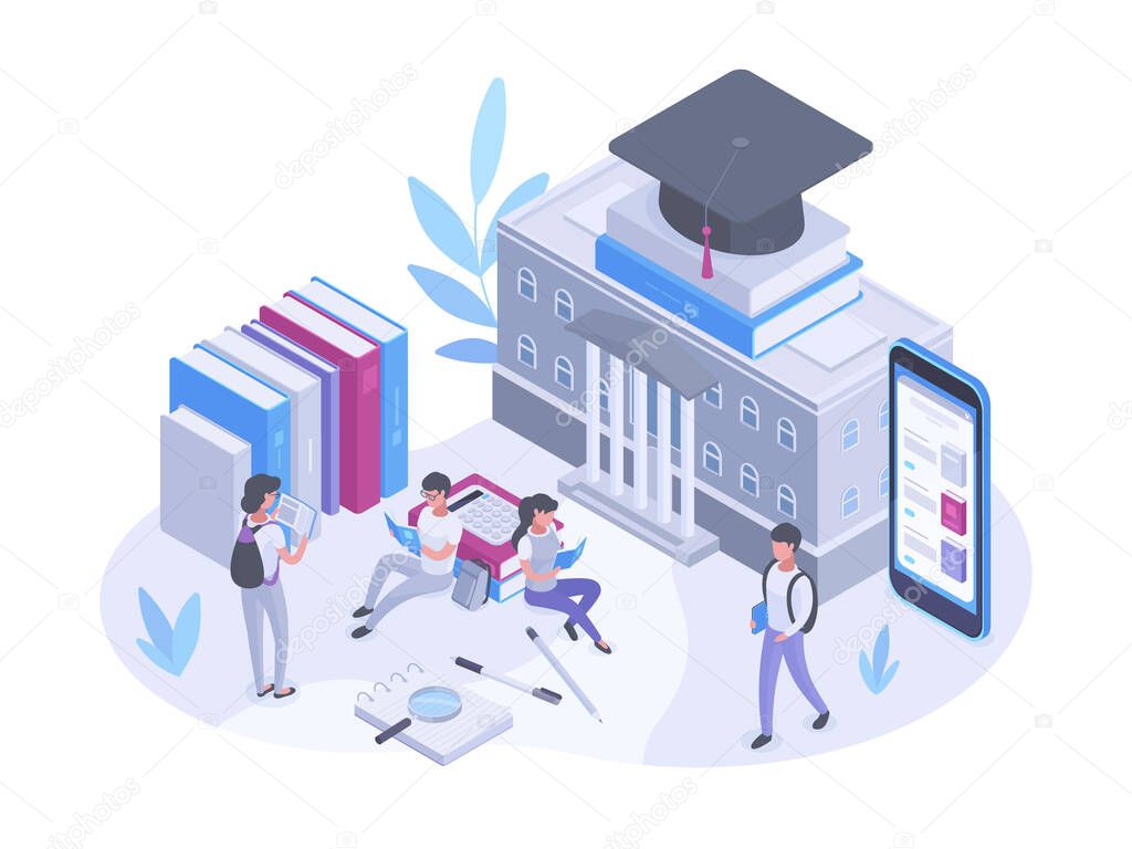 Isometric college campus and students characters, learning, education concept. University building and teenage students vector symbols illustration. College education study process