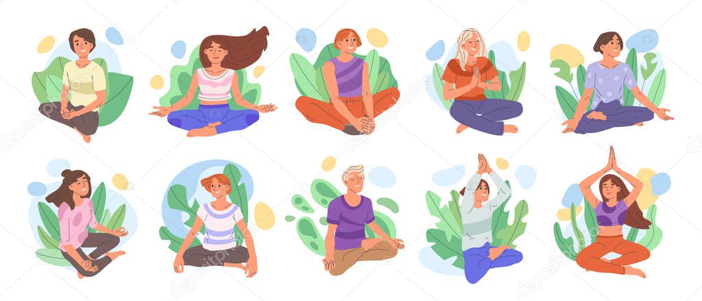 Meditation yoga peaceful characters, mental calm wellness scenes. Male and female people meditating in yoga lotus pose vector symbols illustrations set. Humans meditating scenes