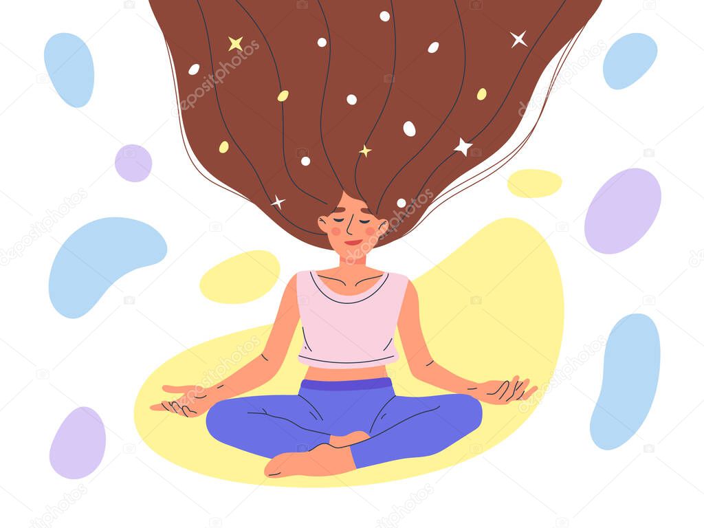Meditating, relaxing woman in yoga lotus pose, peaceful female character. Meditation practice, relaxed girl in lotus pose vector symbols illustration. Mental health concept