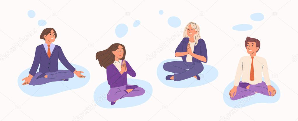 Meditating, relaxing business team, office people practicing yoga. Relaxed meditating office workers, calm business people vector symbols illustration. Peaceful office team