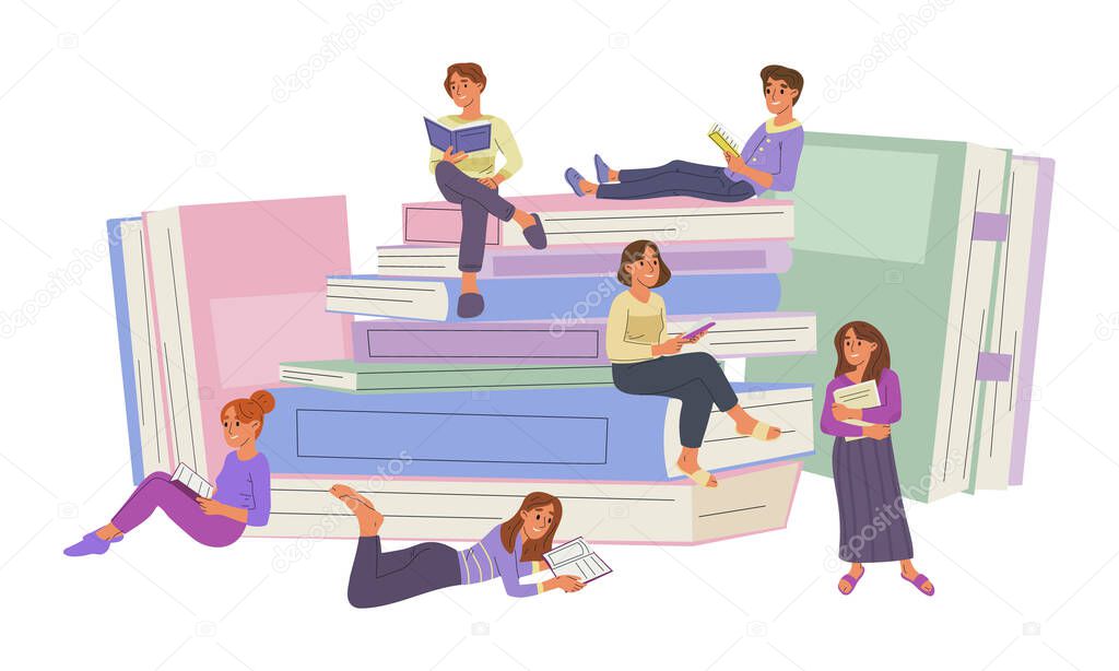 Reading persons and book pile, literature lovers with big book stack. Friends reading books, man and woman book fans vector illustrations. Book lovers concept