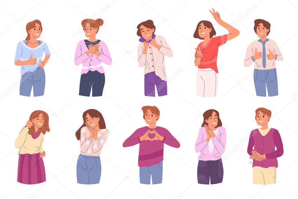 Excited students show likes, okay and thumbs up signs. Happy people with peace and okay signs, smiling characters body language vector symbols illustrations set. Cartoon positive persons
