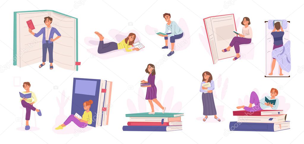 Book readers, literature lovers, bookshop or library visitors. Reading man and woman, study education process vector symbols illustrations set. Book fans characters