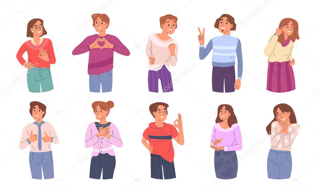 Happy people showing positive gestures, thumbs up and ok sign. Positive person communication gestures, hand heart and applause vector symbols illustrations set. Excited characters body language