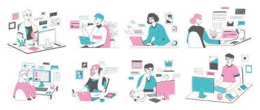 Bağımsızlar, uzak işçiler, online toplantı ve sanal iletişim. Çevrimiçi iş serbest iş akışı vektör sembolleri ayarlandı. İnsanlar evden çalışır.