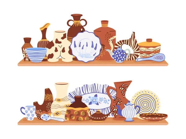 Vaisselle Céramique Vaisselle Dessinée Main Étagère Avec Poterie Cuisine Poterie — Image vectorielle