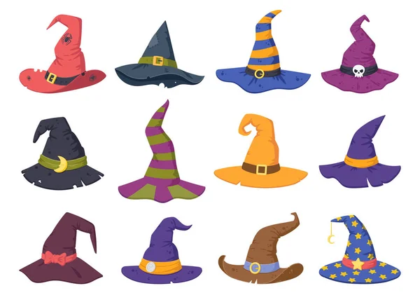 Sombreros Brujas Dibujos Animados Elementos Disfraz Fiesta Halloween Asistente Rayado — Archivo Imágenes Vectoriales
