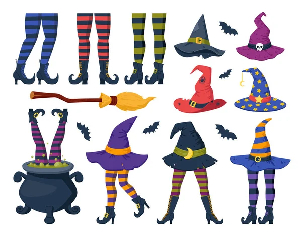 마녀가 다리와 모자를 재밌는 할로윈 요소들이 마술사의 머리쓰개와 마녀의 스타킹은 — 스톡 벡터