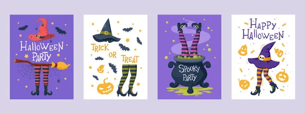 Halloween Cartes Fête Effrayantes Avec Des Jambes Sorcière Des Chapeaux — Image vectorielle