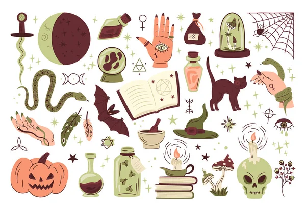 Doodle Elementos Halloween Brujería Arañas Mágicas Serpiente Calabaza Cuchillo Halloween — Archivo Imágenes Vectoriales