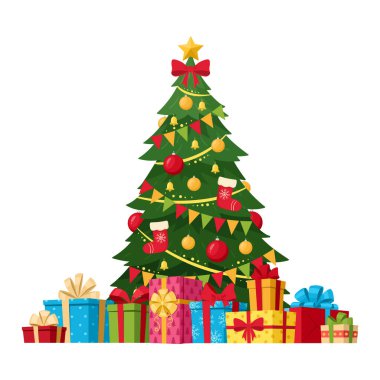 Noel köknar ağacı ve kış tatilleri hediye paketleri. Madalyalı Xmas yeşil köknar ağacı ve hediye kutuları vektör sembolleri. Mutlu Noeller tebrik kartı tasarımı