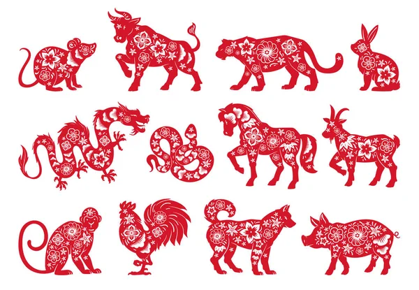 Çin yıldız falı ay yeni yıl doğulu hayvanların siluetleri. Zodiac astrolojik takvim kaplanı, tavşan, boğa ve yılan işaretleri vektör sembolleri. Geleneksel burç simgeleri koleksiyonu