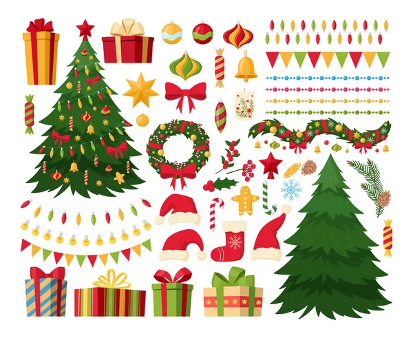 Noel unsurları, Noel ağaçları, hediye kutuları ve çelenkler. Kış tatili süslemeleri, Noel Baba şapkaları, çoraplar ve vektör sembolleri seti. Noel koleksiyonu