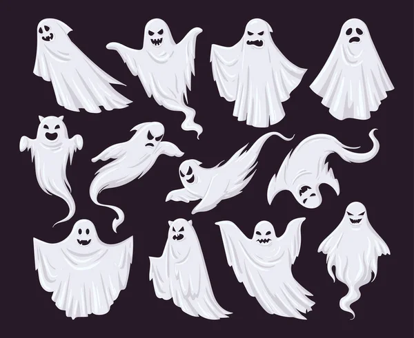 在鬼魂 幽灵恐怖的鬼魂和神秘的幻影之间的漫画 令人毛骨悚然的飞鬼矢量符号图集 神秘的夜影人物 — 图库矢量图片