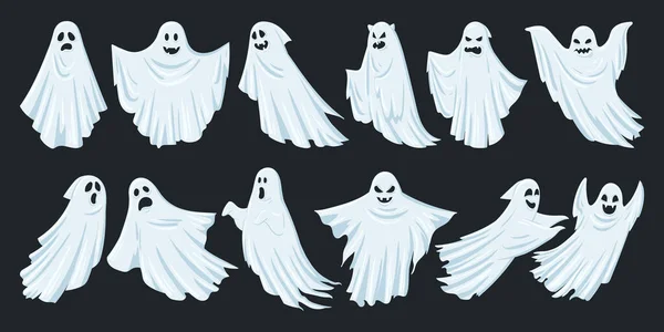 Fantasmas Noturnos Desenhos Animados Espírito Misterioso Sombra Monstros Fantasmagóricos Halloween —  Vetores de Stock