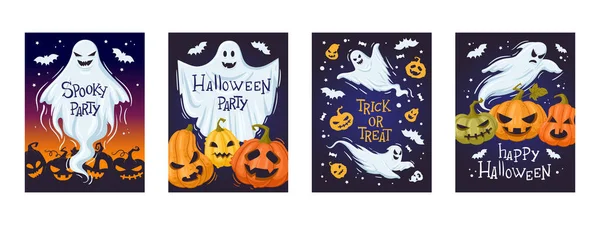 Halloween Feriado Fantasma Assustador Festa Banner Assustador Abóboras Cartões Desenhos —  Vetores de Stock