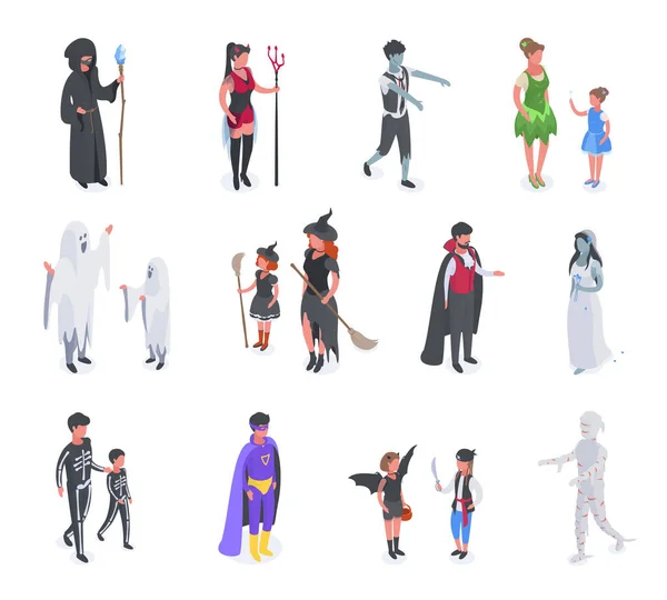 Isométrica Fiesta Halloween Fantasma Momia Trajes Carnaval Mago Enmascarar Personajes — Vector de stock