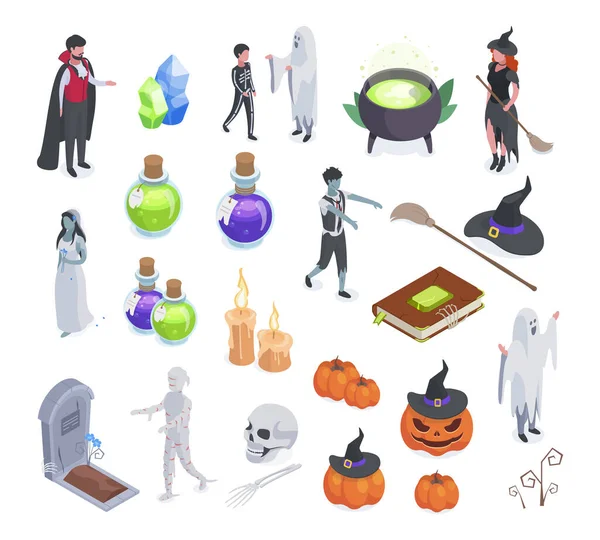 Isométrico Assustador Halloween Festa Mascotes Abóbora Fantasma Aranha Vampiro Múmia —  Vetores de Stock