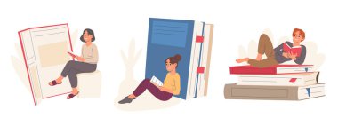 Kitap okuyan insanlar, ellerinde kitaplar olan olgun edebiyat aşıkları. Kitap kurtları ve kitaplar karikatür vektör illüstrasyonları koleksiyonunu üst üste yığar. Okunmuş karakterler