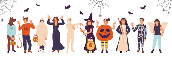 Pessoas Festa Halloween Vestindo Fantasias Fantasmas Múmias Personagens Bruxas Outono —  Vetores de Stock