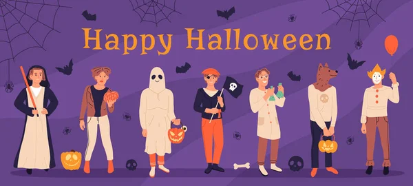 Personnages Masqués Halloween Costumes Zombie Fantôme Momie Illustration Fond Vectorielle — Image vectorielle