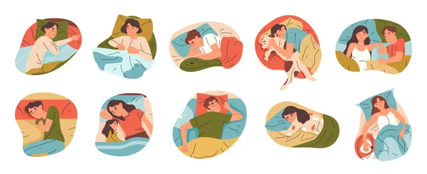 Humanos Dormidos Gente Dibujos Animados Las Camas Descansando Escenas Para — Vector de stock