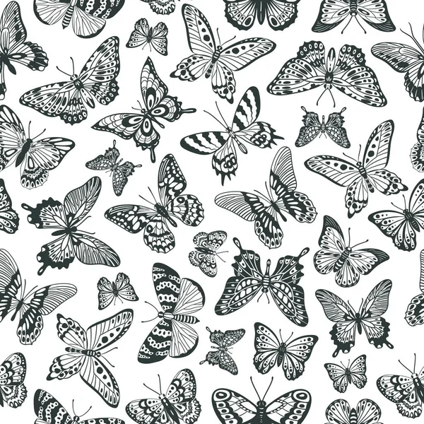 Cartoon Exotic Butterfly Insects Silhouettes Seamless Pattern Elegant Butterflies Monochrome — Stock Vector