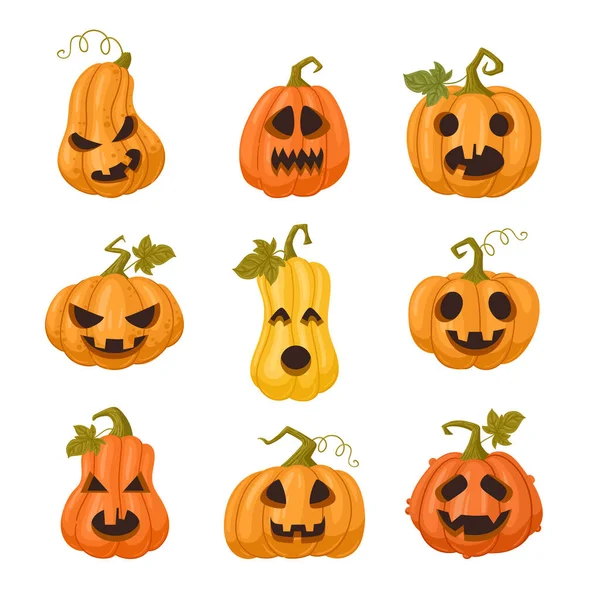 Cartoon Halloween Kürbisse Gruselige Geschnitzte Gesichter Festtagskürbisdekorationen Gruselige Jack Laternen — Stockvektor