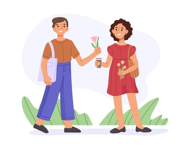 卡通片笑容满面的年轻夫妇花时间在一起散步 浪漫夫妇一起走在户外平面矢量符号插图 恋爱中的夫妻 — 图库矢量图片
