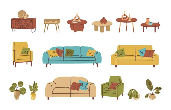 Colección Muebles Doodle Sofá Interior Del Hogar Sillón Plantas Maceta — Archivo Imágenes Vectoriales