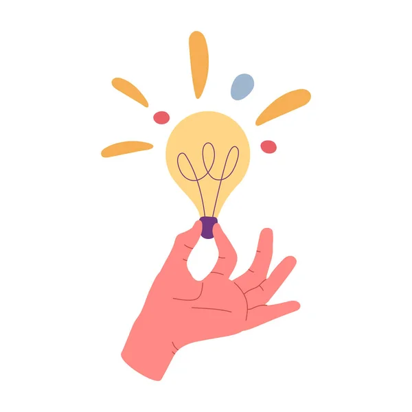 Hand Holding Glowing Light Bulb Shiny Bulb Idea Metaphor Solution — Stock Vector