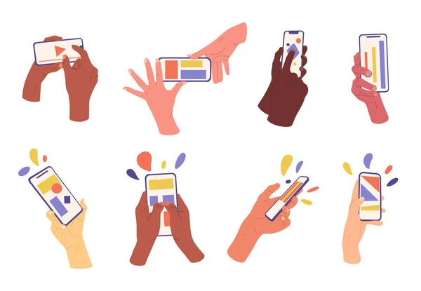 Lidské Ruce Držící Smartphone Prsty Dotýkající Obrazovky Scrolling Ťukání Mobilní — Stockový vektor