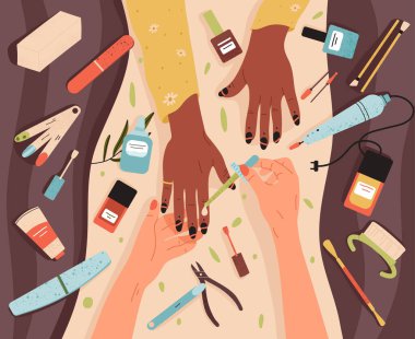 Manicure salon, fingernails care procedure, nail polish applying. Professional manicurist, nail master and customer make manicure vector background illustration. Cartoon manicure session