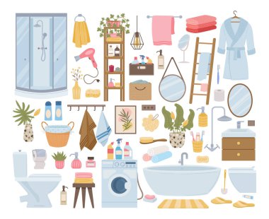Çizgi film banyo mobilyaları, aksesuarlar, duş, lavabo ve banyo tekstili. Banyo içi elementleri, cilt bakımı ve havlu vektör çizimleri ayarlandı. Modern banyo koleksiyonu