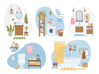 Çizgi film banyosu, tuvalet, banyo küveti ve tuvaleti olan modern banyo. Konforlu banyo, duş, lavabo ve bitki vektör çizimleri hazır. İskandinav banyo sahneleri