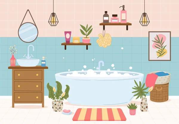 Cartoon Moderne Badkamer Interieur Met Meubels Bad Potplanten Woonkamer Gezellig — Stockvector