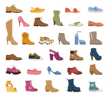 Karikatür stili erkek ve kadın ayakkabıları, sıradan ayakkabılar ve botlar. Moda spor ayakkabıları, takunyalar, kadın topukları ve sandalet vektör sembolleri. Ayakkabı koleksiyonu