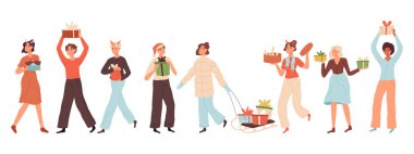 Noel hediyeleri taşıyan insanlar, kış tatili hediyeleri veren insanlar. Noel hediyeli neşeli karakterler, hediye kutuları taşıyan karikatür çizimleri. Noel hediyeleri.