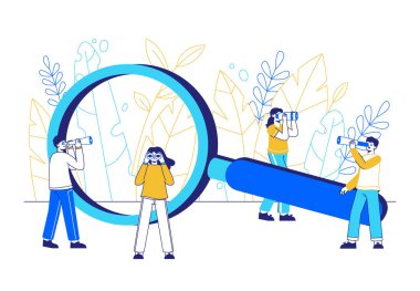 Karakterler aranıyor, insanlar büyük bir büyüteçle pürüzsüz görünüyorlar. Yeni fikirler, fırsatlar ya da insan kaynakları vektör illüstrasyonu. Büyüteç aranıyor