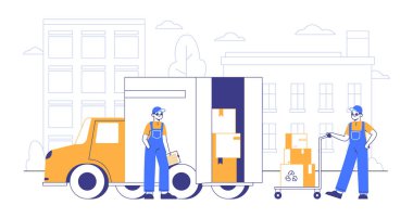 Ev taşıma işçileri, şirket karakterleri. Kanepe ve karton kutularla taşınan aile vektör çizimi çiziyor. Taşıma konsepti