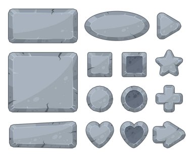 Çizgi film taş çerçeveleri, oklar ve oyun uygulaması düğmeleri. Granit kaya taşları tabelaları, pankartlar ve çakıllı kaya levhaları vektör sembolleri. Taş tabela koleksiyonu