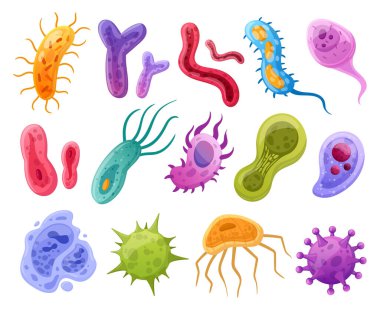 Çizgi film virüsleri, bakteriler ve mikroplar, mikroorganizma mikropları. Biyolojik mikroorganizmalar, patojen hücreler ve grip virüsü düz vektör sembolleri. Mikroplar ve bakteri koleksiyonu