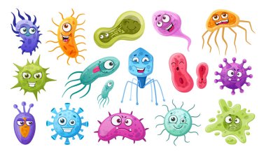 Çizgi film bakterileri, mikroplar ve virüs maskotları. Şirin mikroorganizmalar, yüz duyguları olan bakteriler düz vektör sembolleri seti. Komik bakteriler ve virüsler