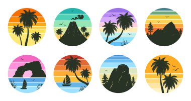 Çizgi film retro gradyan amblemleri, günbatımı 80 'ler tarzı rozetler. Yaz plajı palmiye ağaçları 90 'lı yılların düz vektör çizimleri. Tropik günbatımı gradyan sembolleri